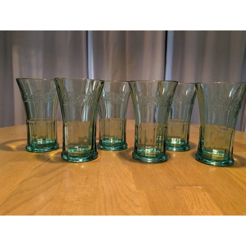 Vintage Libbey Coca Cola Glasses Green Flared Heavy 16oz Tumblers Set of 6